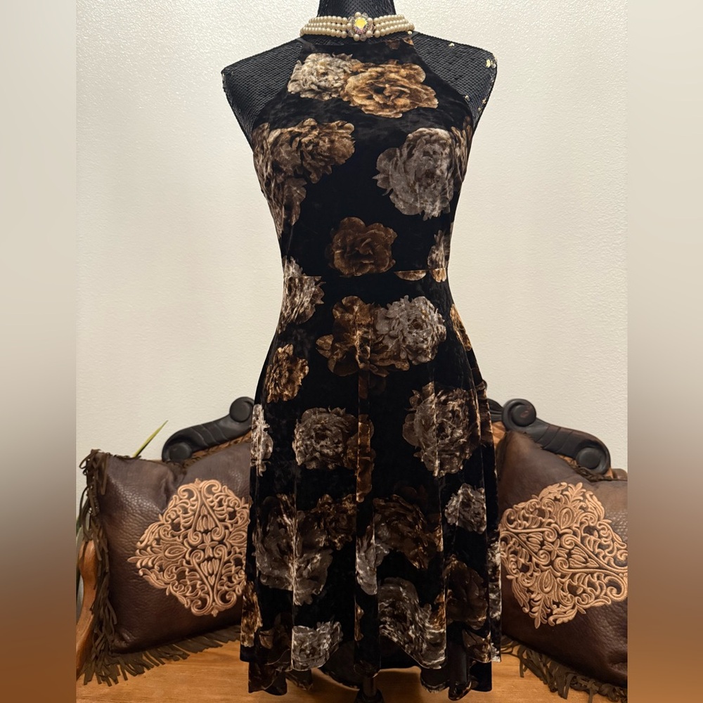 Glare Vintage Y2K Floral Velvet Hi-Lo Halter Dress Size Large